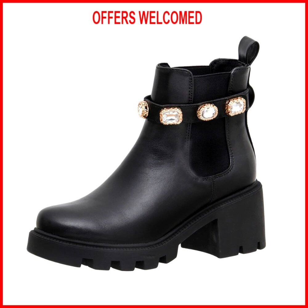 Women's Chelsea Boots With Memory Foam, Jeweled Strap, 2 Inch Heel